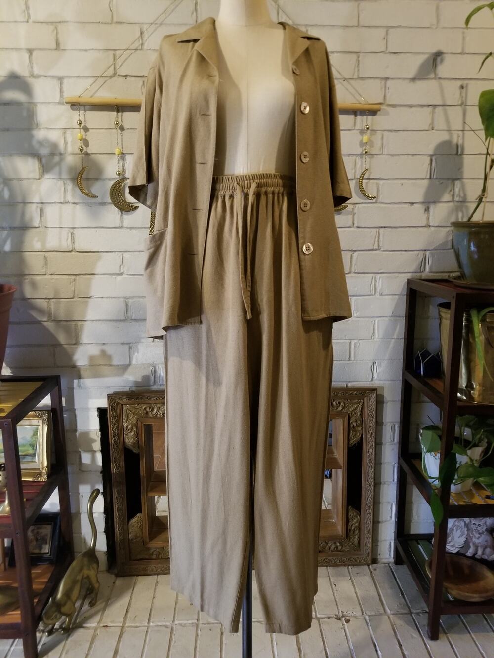 Vintage 90s Hartman Sport 100% Raw Silk 2 Piece Shirt Pants Set Khaki L XL